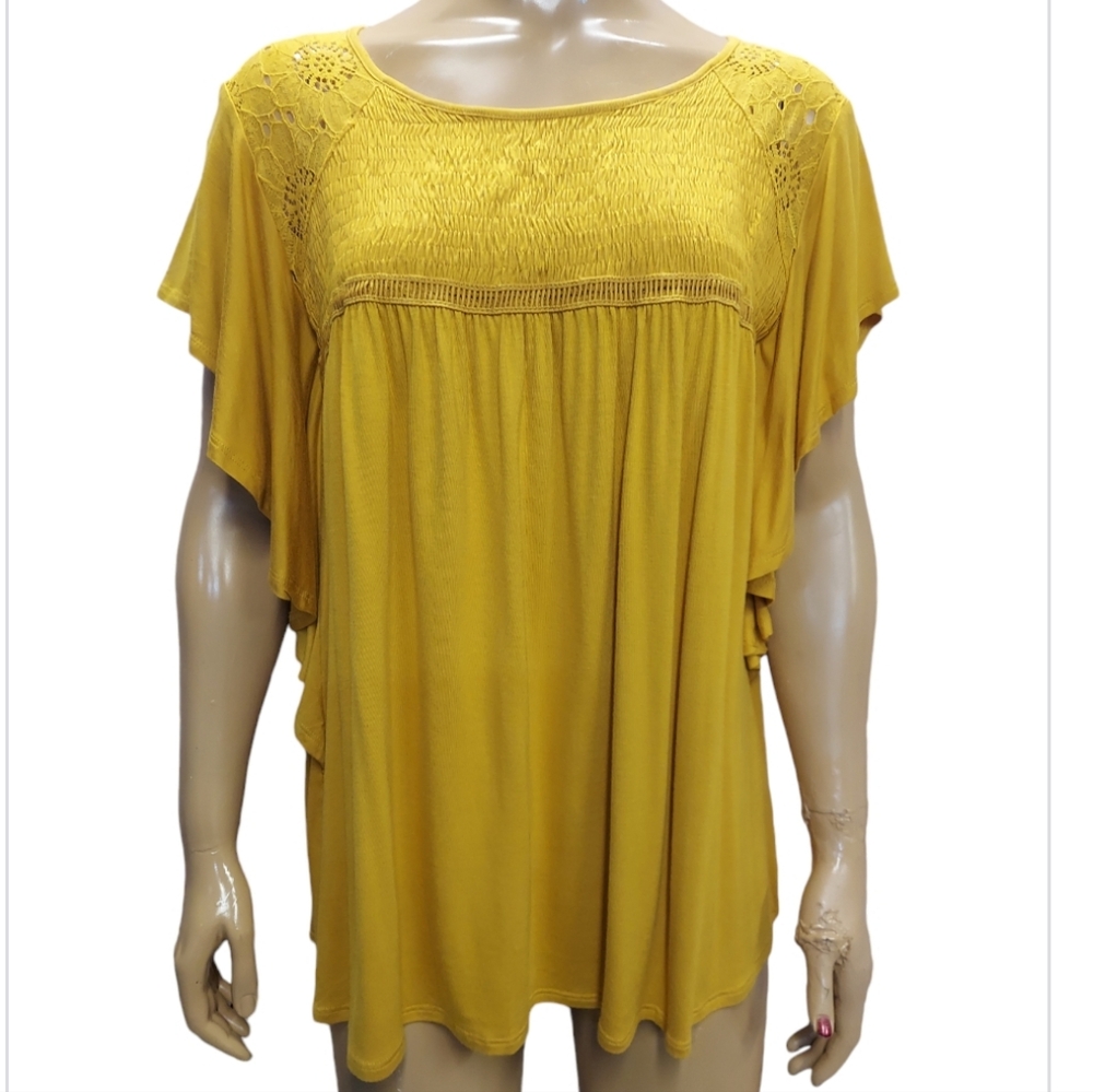 Notations Boho Batwing Crochet Keyhole Tie Back Blouse